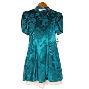 Vintage LA Conduct Teal Brocade Puff Sleeve Mini Dress Lace NWT Deadstock